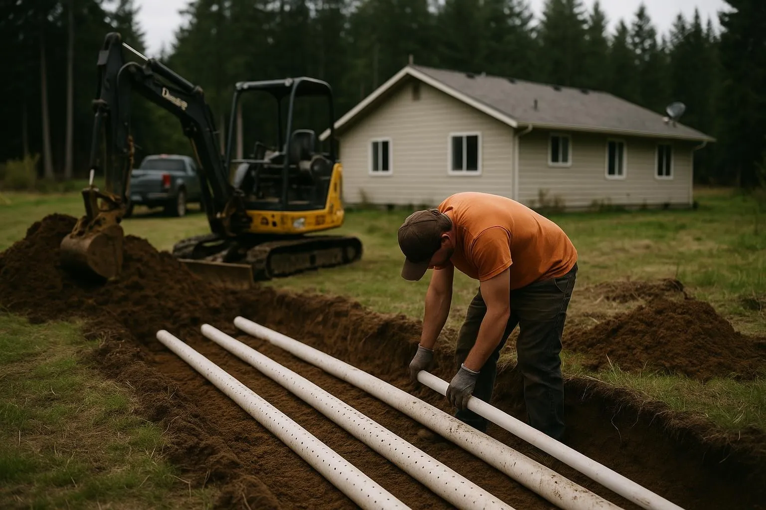 Drain field repair work at a rural property on the Olympic Peninsula