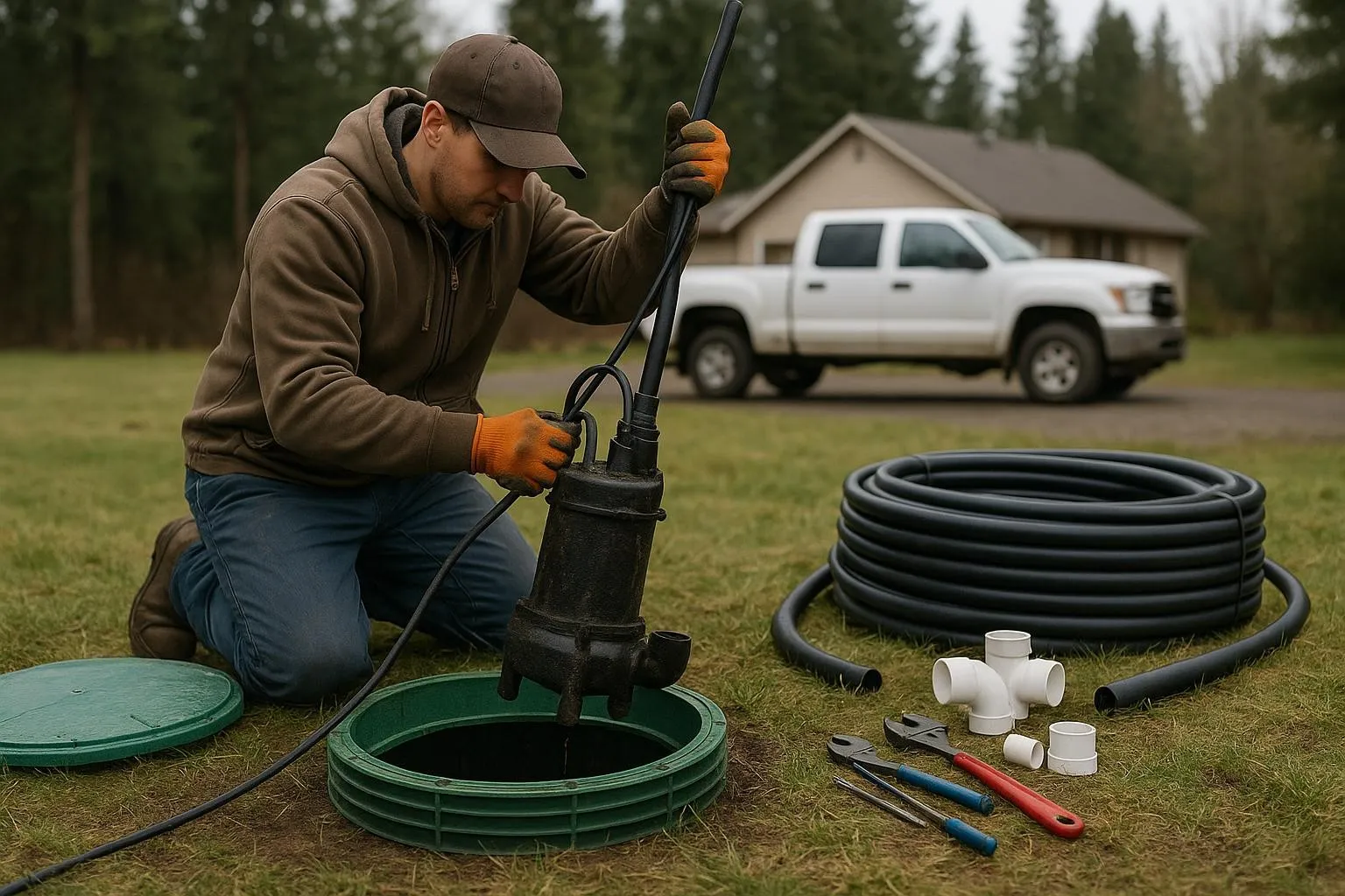 Septic system components being repaired at a home on the Olympic Peninsula