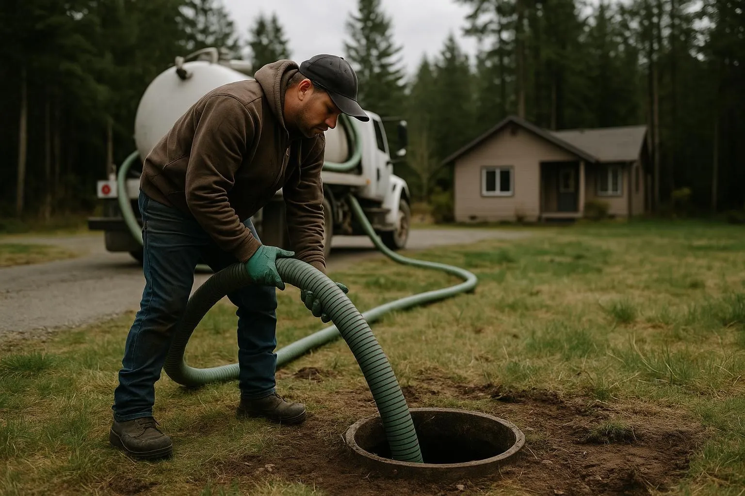 Septic tank being pumped at a home on the Olympic Peninsula